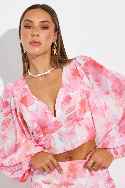 Multi Floral Plunge Crop Top Balloon Sleeve Tie back