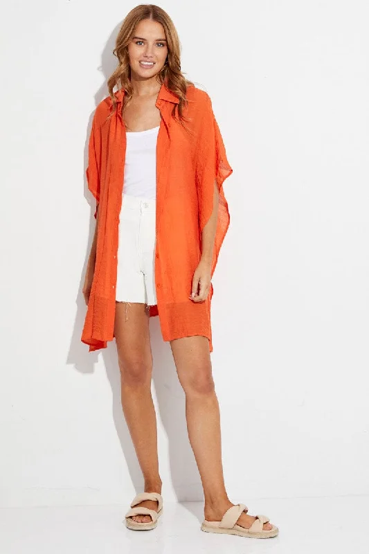 Orange Short Sleeve Shirt Collared Longline