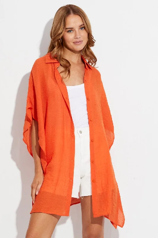 Orange Short Sleeve Shirt Collared Longline