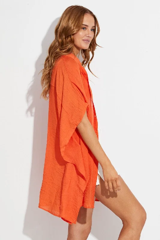 Orange Short Sleeve Shirt Collared Longline