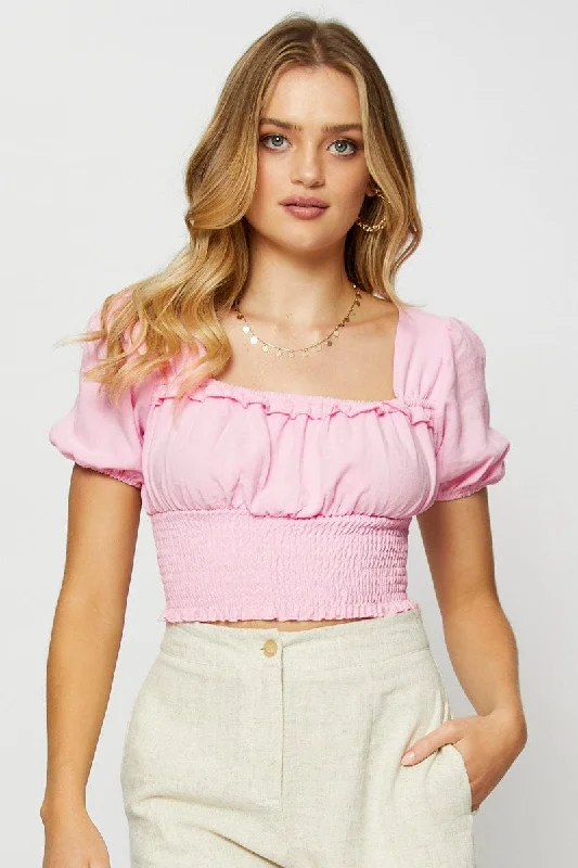 Pink Crop Blouse Short Sleeve