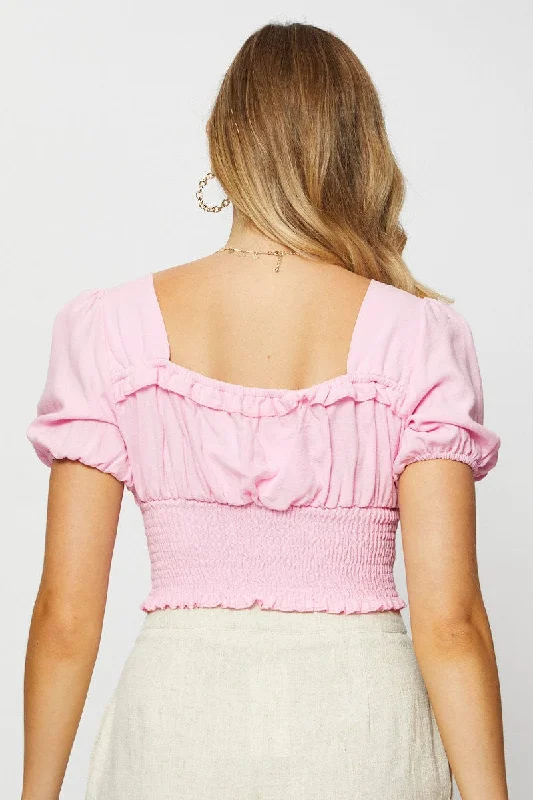 Pink Crop Blouse Short Sleeve