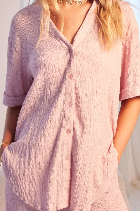 Pink Relaxed Shirt Short Sleeve Textured