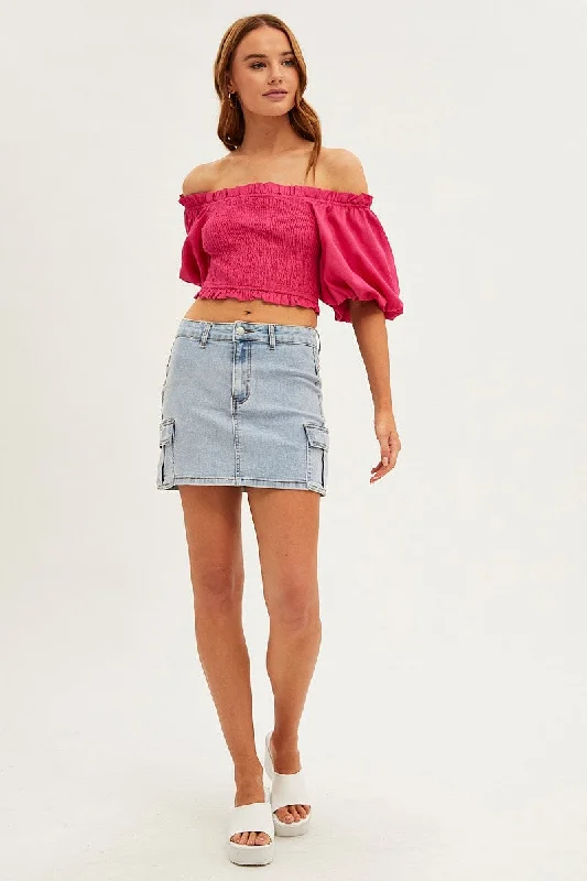 Pink Shirred Top Volume Short Sleeve Crop Linen Blend