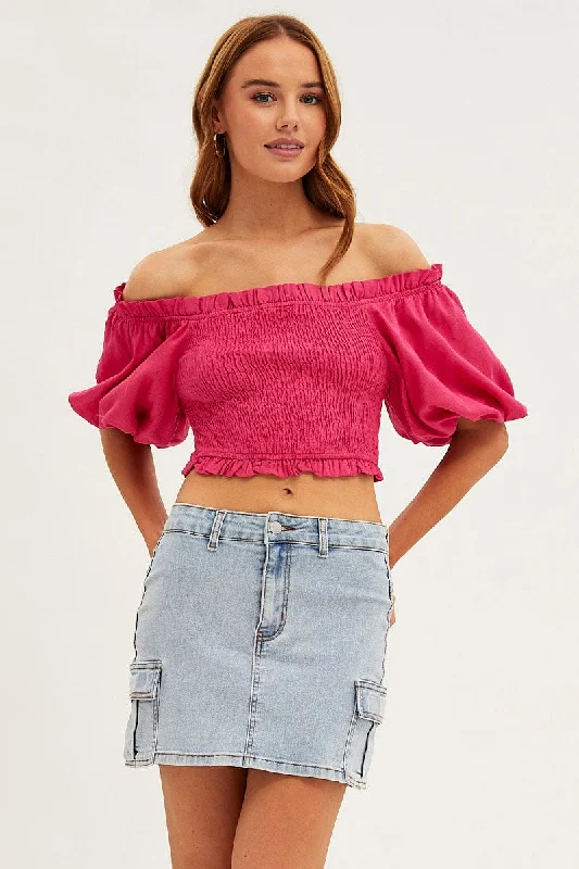 Pink Shirred Top Volume Short Sleeve Crop Linen Blend