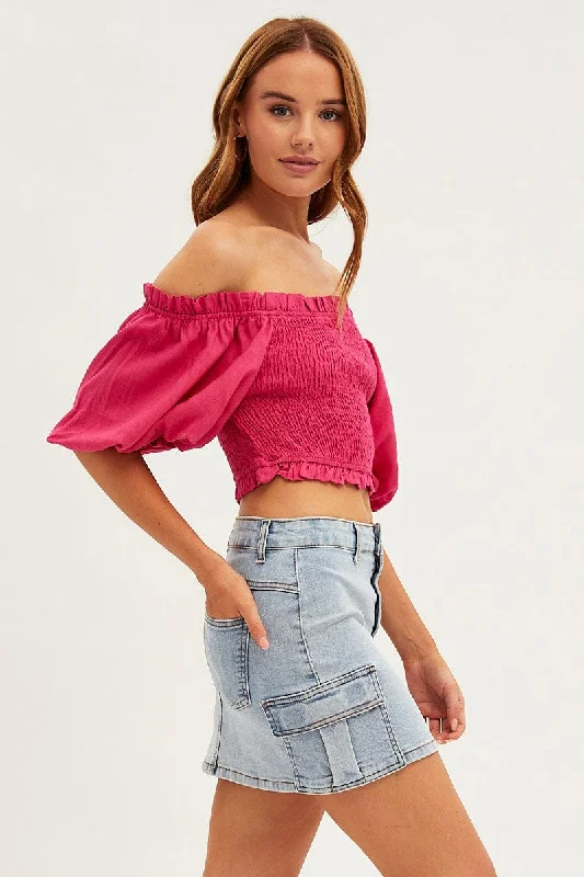 Pink Shirred Top Volume Short Sleeve Crop Linen Blend