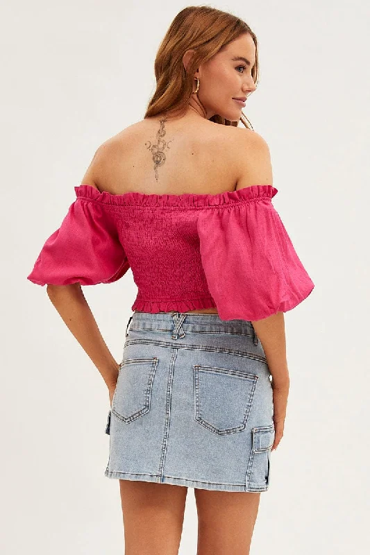 Pink Shirred Top Volume Short Sleeve Crop Linen Blend