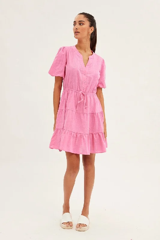 Pink Shirt Dress Short Sleeve V-Neck Tiered