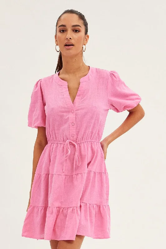 Pink Shirt Dress Short Sleeve V-Neck Tiered