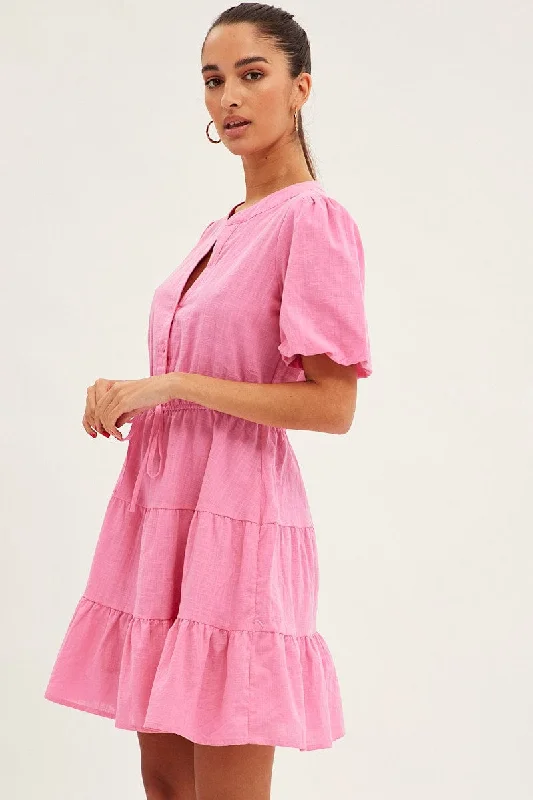 Pink Shirt Dress Short Sleeve V-Neck Tiered