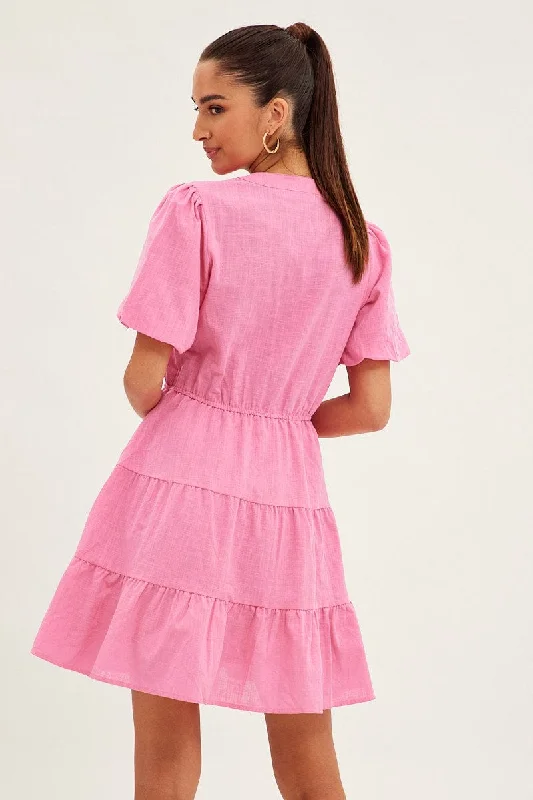 Pink Shirt Dress Short Sleeve V-Neck Tiered