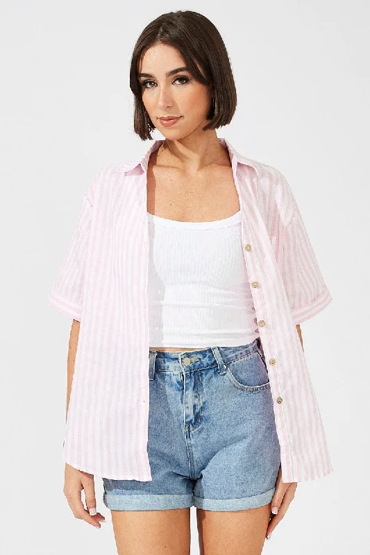 Pink Stripe Shirt Short Sleeve Collared Neck