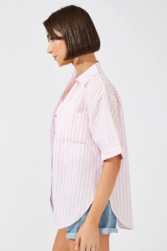 Pink Stripe Shirt Short Sleeve Collared Neck