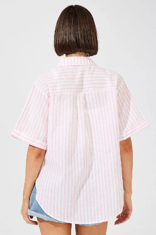 Pink Stripe Shirt Short Sleeve Collared Neck