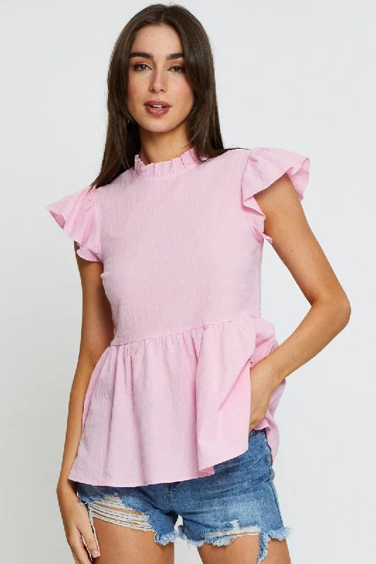 Pink Workwear Blouse Short Sleeve Linen