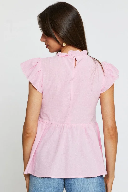 Pink Workwear Blouse Short Sleeve Linen