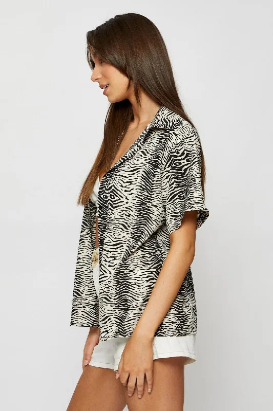 Print Oversized Shirts Short Sleeve Collared