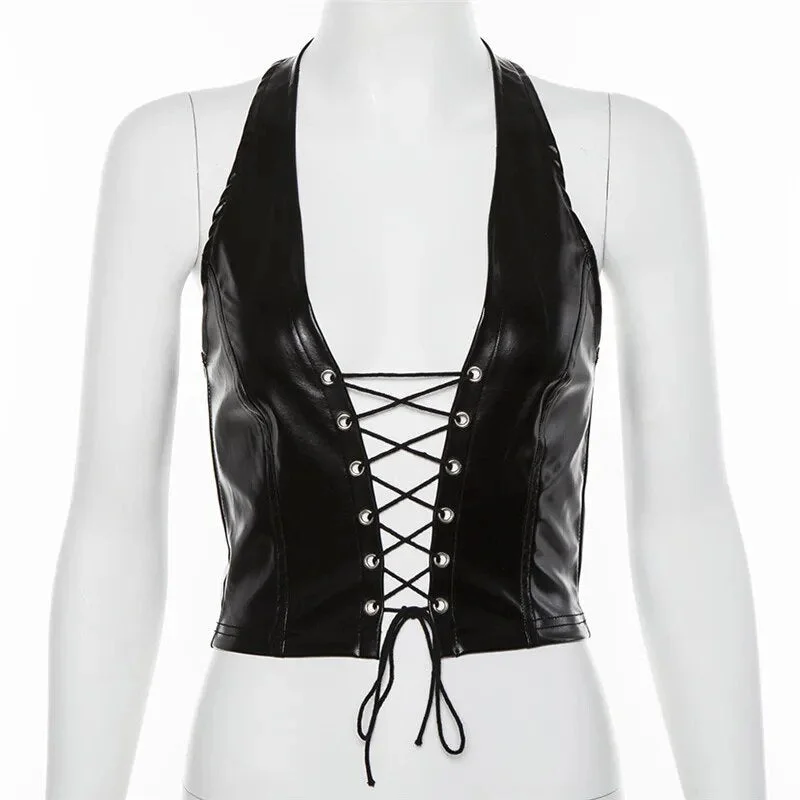 Sexy Lace-Up Faux Leather Halter Tank Top