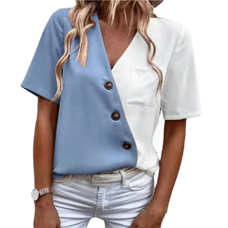 V-Neck Short Sleeve Buttons Decor Lady Shirt