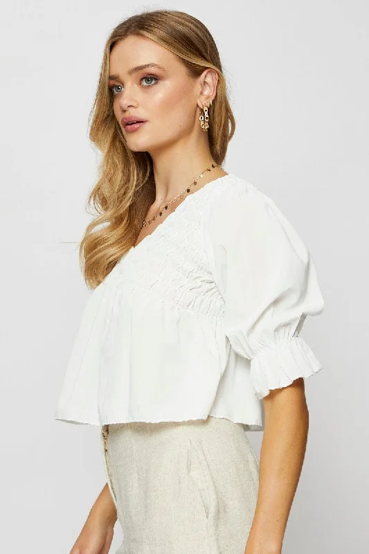 White Crop Blouse Short Sleeve Round Neck