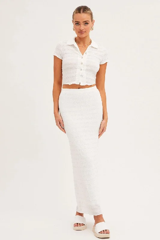 White Crop Shirt Short Sleeve Collar Textured