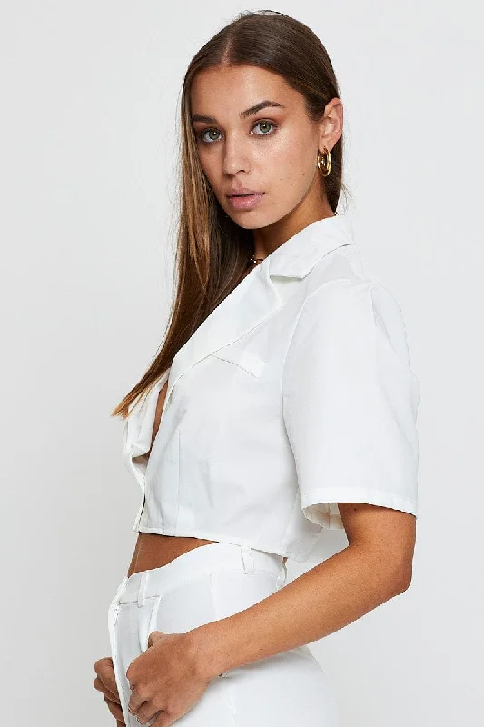 White Crop Shirts Short Sleeve Collared