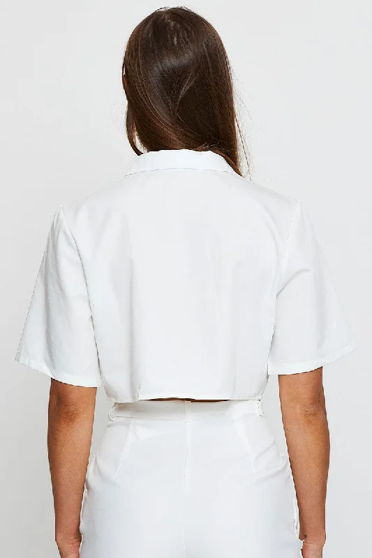 White Crop Shirts Short Sleeve Collared