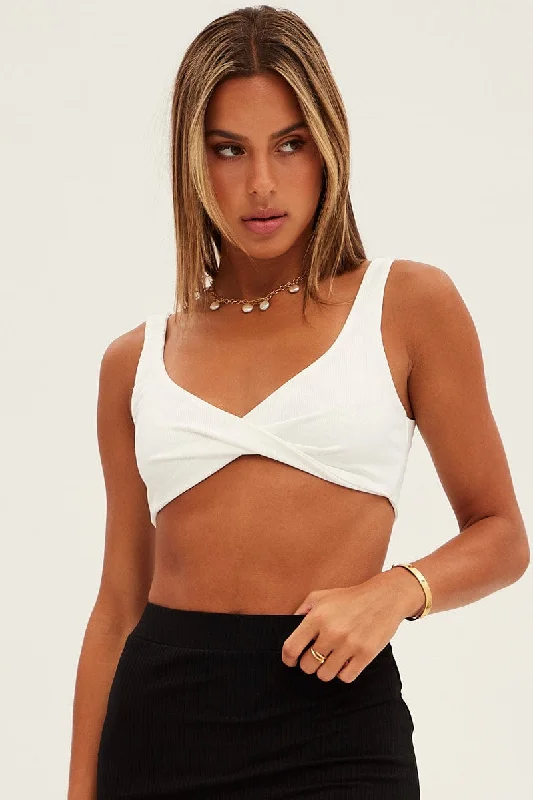 White Crop Top Sleeveless Sweetheart Twist Front Rib