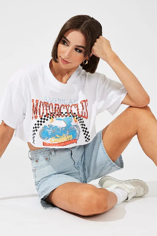 White Motocross Tee Biker Racing Graphic Crop T-Shirt