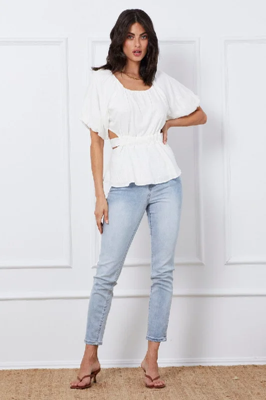 White Peplum Blouse Short Sleeve Linen