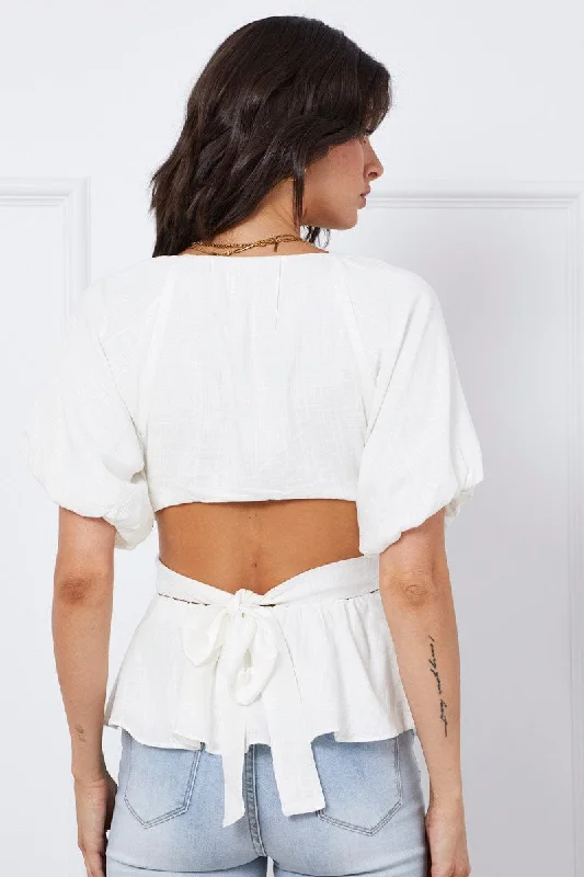 White Peplum Blouse Short Sleeve Linen