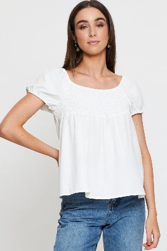 White Shirred Top Short Sleeve