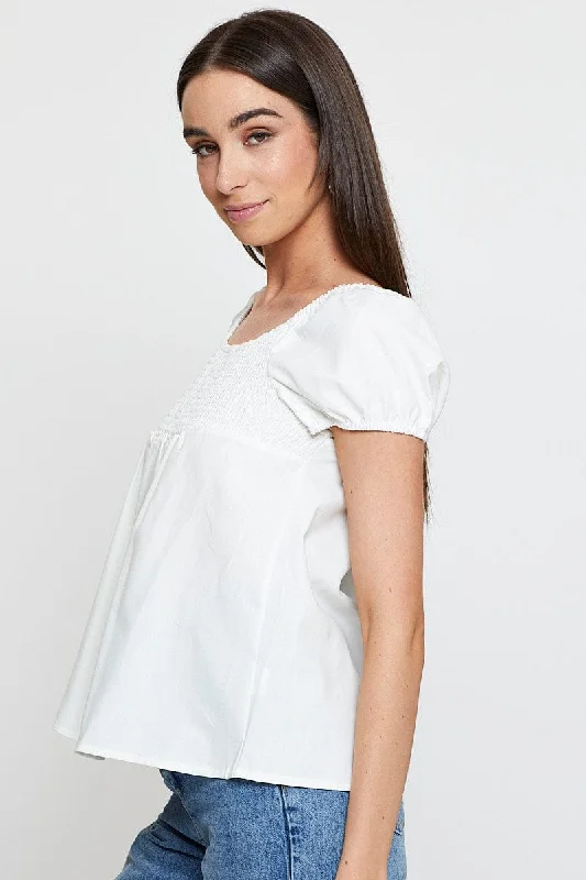 White Shirred Top Short Sleeve