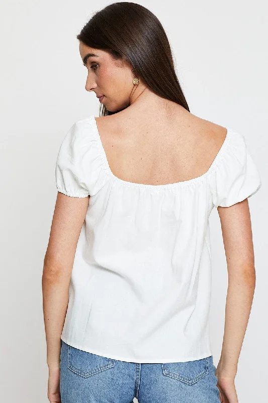 White Shirred Top Short Sleeve