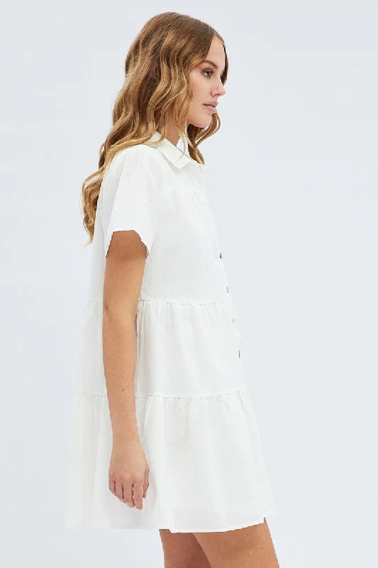 White Shirt Dress Short Sleeve Tiered