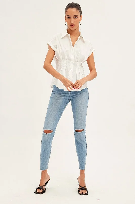 White Shirt Short Sleeve Collared Gathered Bust