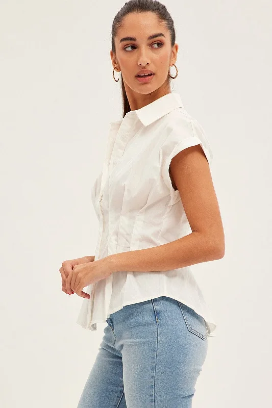 White Shirt Short Sleeve Collared Gathered Bust