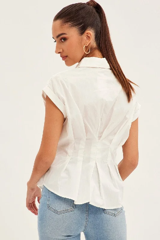 White Shirt Short Sleeve Collared Gathered Bust