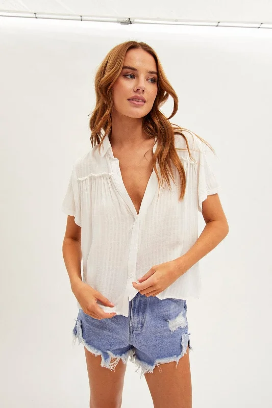 White Shirt Textured Short Sleeve Collared Cotton