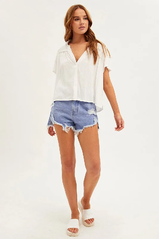 White Shirt Textured Short Sleeve Collared Cotton