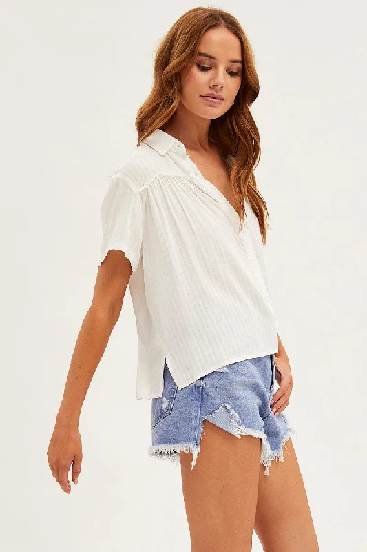 White Shirt Textured Short Sleeve Collared Cotton