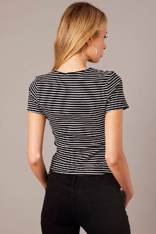 Black Stripe Longline T Shirt Short Sleeve Crew Neck Rib Jersey