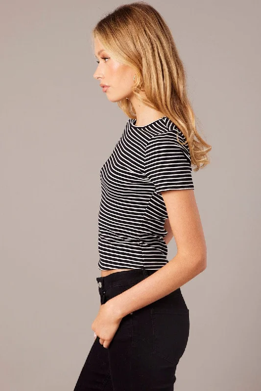 Black Stripe Longline T Shirt Short Sleeve Crew Neck Rib Jersey