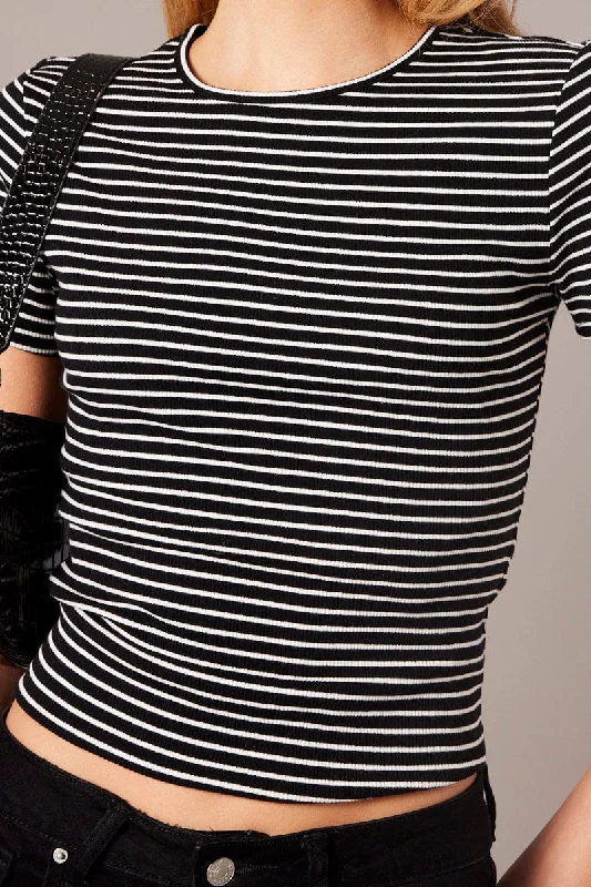 Black Stripe Longline T Shirt Short Sleeve Crew Neck Rib Jersey