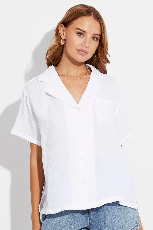 White Textured Shirt Short Sleeve Collared Cotton