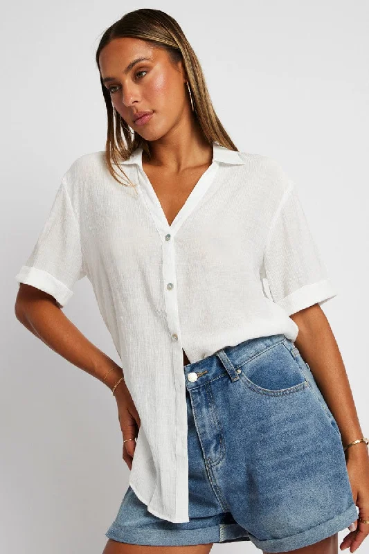 White Textured Shirt Short Sleeve