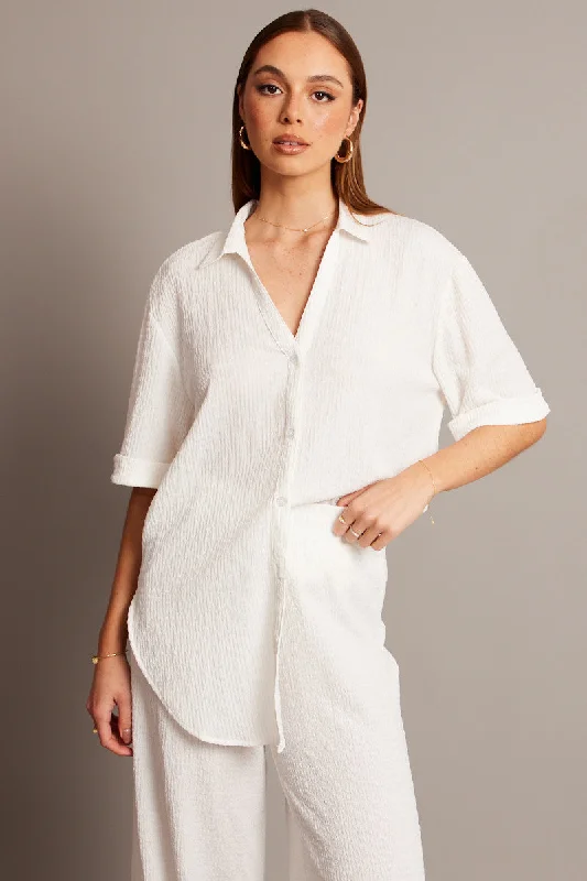 White Textured Shirt Short Sleeve