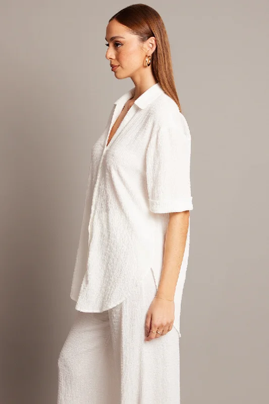 White Textured Shirt Short Sleeve