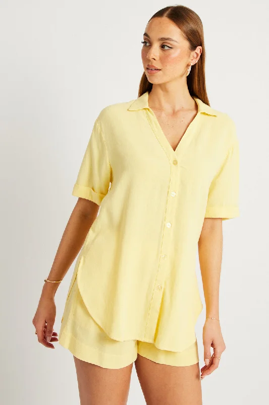 Yellow Relaxed Shirt Short Sleeve Linen Blend