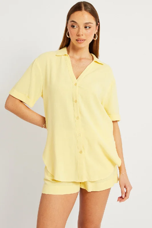 Yellow Relaxed Shirt Short Sleeve Linen Blend